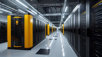Rows of server racks, cooling systems, and redundant power supplies constitute a state of the art data center. - obrazy, fototapety, plakaty
