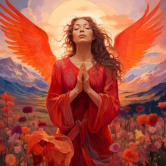 b'An illustration of a praying angel with red wings and a red dress in a field of flowers with mountains in the background' - obrazy, fototapety, plakaty