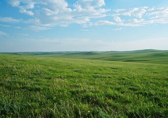 b'Vast green grassland landscape under blue sky and white clouds'