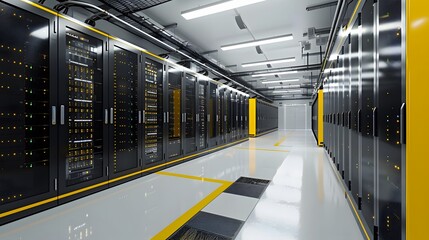 Rows of server racks, cooling systems, and redundant power supplies constitute a state of the art data center. - obrazy, fototapety, plakaty