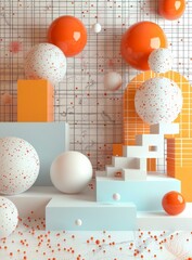 b'3D rendering of abstract geometric shapes with polka dots'