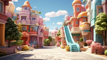 b'A colorful and whimsical 3D illustration of a street in a cartoon town'