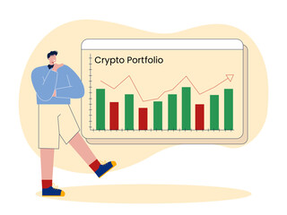 Man with good crypto portfolio. Crypto vector illustration