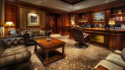 Sophisticated hotel office with a professional decor, including a mahogany desk, comfortable sofas, and a small wine bar area - obrazy, fototapety, plakaty