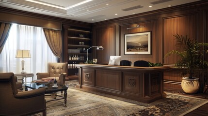 Sophisticated hotel office with a professional decor, including a mahogany desk, comfortable sofas, and a small wine bar area - obrazy, fototapety, plakaty