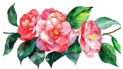 Watercolor illustration of camellia flowers on a branch clip art elements in the style of pink color against a white background