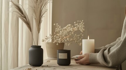 b'A woman is holding a candle near a vase of flowers'