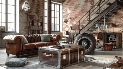 Sophisticated industrial loft setting, displaying a chic leather sofa with metal embellishments, surrounded by brick walls and modern urban interior design - obrazy, fototapety, plakaty