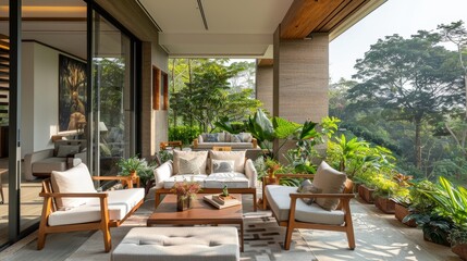 Sophisticated terrace decor with comfortable seating, surrounded by a lush garden and large windows offering a picturesque view - obrazy, fototapety, plakaty