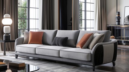 Sophisticated three-seater sofa with a dual-tone design, illustrating the blend of contemporary structure and classic detailing, in an upscale living space - obrazy, fototapety, plakaty