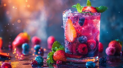 Glass of refreshing berry drink with ice