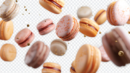 Various colorful of macarons floating on the air isolated on clean white background, Desserts sweet cake concept