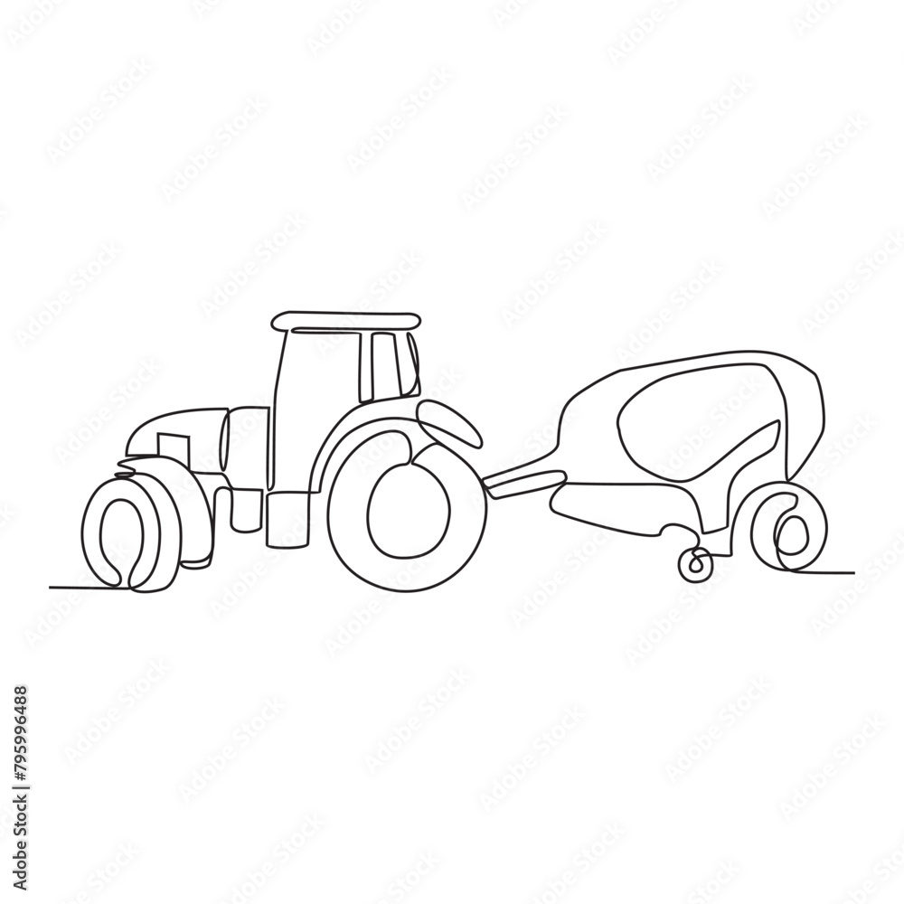 Wall mural One continuous line drawing of Farming vehicle vector illustration with white background. Equipment farming for for preparing the soil, seeding, irrigating, weeding, and collecting the mature crops.