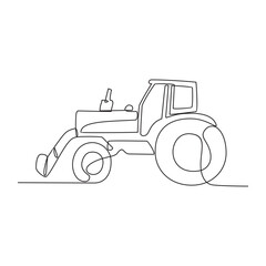 One continuous line drawing of Farming vehicle vector illustration with white background. Equipment farming for for preparing the soil, seeding, irrigating, weeding, and collecting the mature crops.