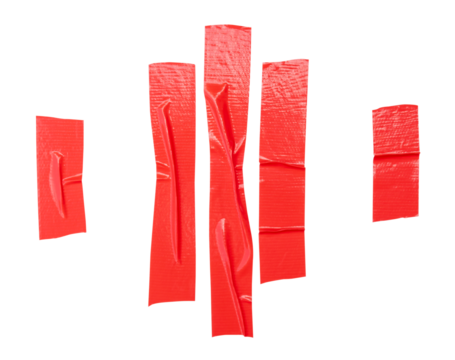 Top view set of  wrinkled red adhesive vinyl tape or cloth tape in stripes shape isolated with clipping path in png file format