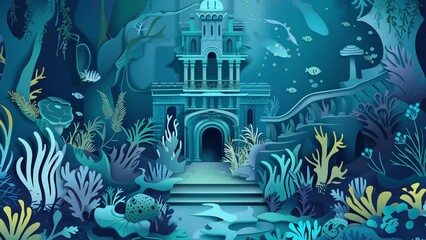 underwater garden paper cut template with blooming. seamless looping overlay 4k virtual video animation background