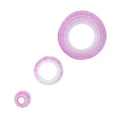 Top view set of red or purple onion slices or onion rings scattered isolated on white background...