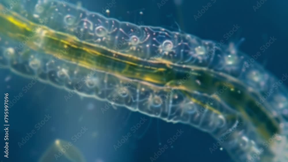 Aufkleber a of spirostomum each one with a distinct corkscrew shape and a long whiplike flagellum propelling i