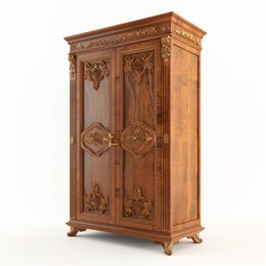 3D Render of a traditional wooden wardrobe with carved details and brass handles, on isolated white background, Generative AI