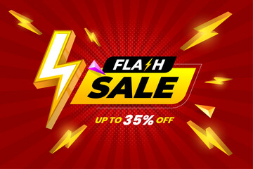 Flash sale advertising 3d lighting effect banner design with 35% discount offer on red background
