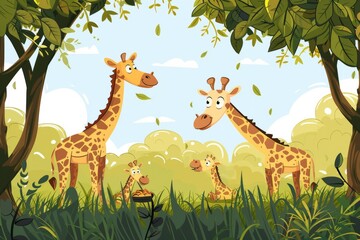 Cartoon cute doodles of a giraffe family having a picnic in the tall grass, with giraffes munching on leaves from the trees above, Generative AI