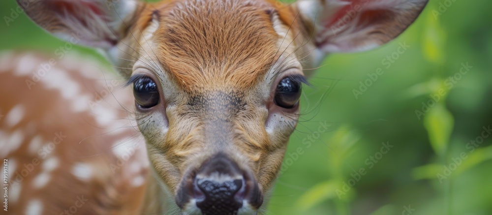 Poster close-up view of a deer's face with a soft focus background, showcasing the details of its features 