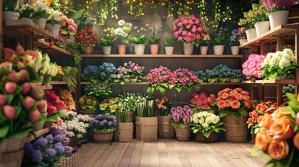 Shelves with flowers in a flower shop. Flower shop concept.