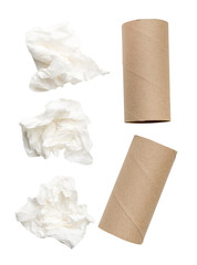 Top view set of screwed or crumpled tissue paper balls with cores after use in toilet or restroom...