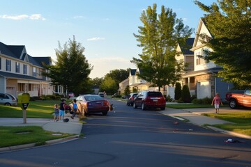 A suburban cul-de-sac with children playing in the street and parked cars lining the curbs, Generative AI