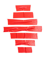 Top view set of  wrinkled red adhesive vinyl tape or cloth tape in stripes shape isolated on white...