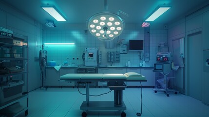 A sterile medical environment with state-of-the-art equipment neatly arranged. An empty examination table sits under a soft glow of medical lights. 
