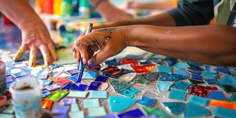 An art therapy session where patients create mosaic tiles for a communal art project, expressing their healing journey through color and design.