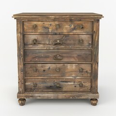 3D Render of a wooden chest of drawers with a weathered finish and brass hardware, on isolated white background, Generative AI