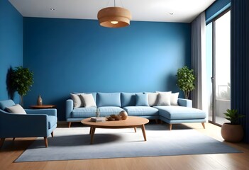3D rendering of couch or sofa in living room in front of blue wall with copy space and modern or minimalistic interior and white floor
