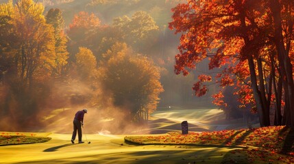 A scenic golf course with colorful fall foliage lining the fairways and a golfer lining up a putt on a green bathed in sunlight - obrazy, fototapety, plakaty