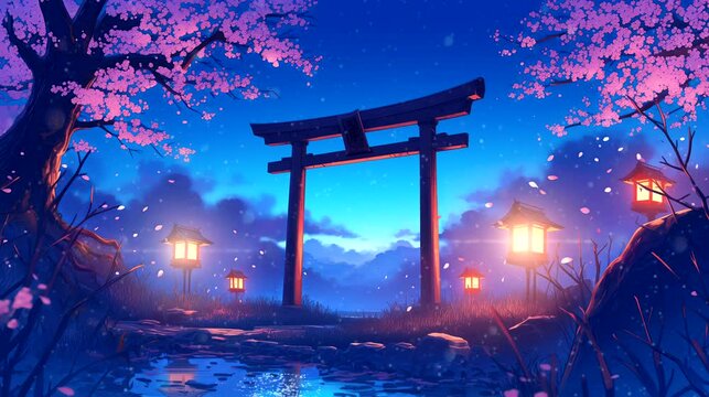 Japanese torii Gates amongst Cherry Blossom Trees at night. Ancient concept, anime illustration style, looping 4k video animation background