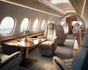 Obraz premium Luxurious corporate jet interior, leather seats and meeting table setup, concept of highend business travel, elegant and exclusive