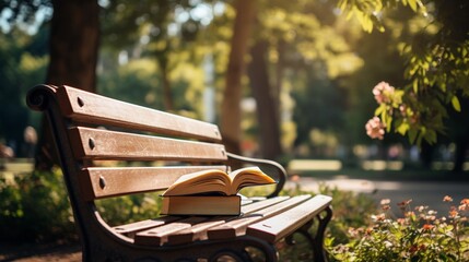 Open book on a park bench, sunny day, reading outdoors concept, blurred greenery in the background, serene and tranquil environment