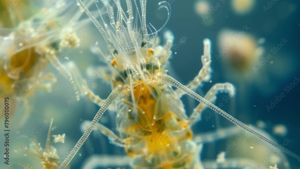 Aufkleber a closeup of a single copepod its segmented body covered in delicate bristles surrounded by smaller 