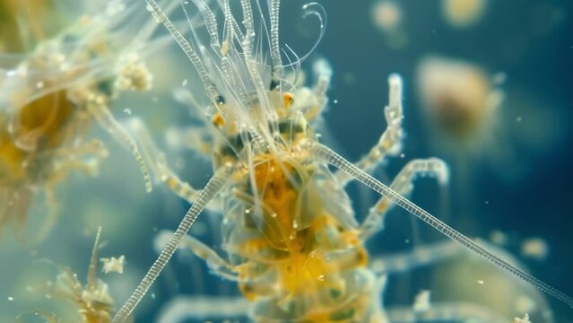 A closeup of a single copepod its segmented body covered in delicate bristles surrounded by smaller planktonic organisms. . AI generation.