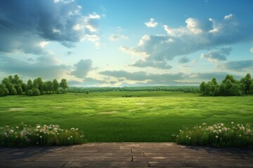 Obraz premium Empty green field stage grassland landscape outdoors.