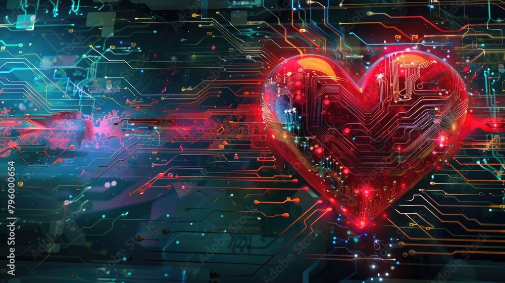 Poster digital art of hearts made from digital circuit patterns