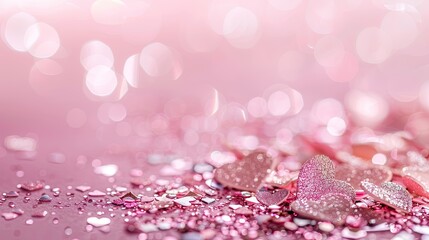 Glittering heart confetti on a soft pink background - obrazy, fototapety, plakaty