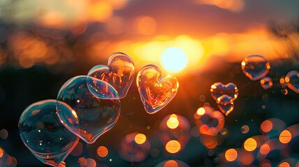 Heart shaped bubbles in a sunset glow background - obrazy, fototapety, plakaty