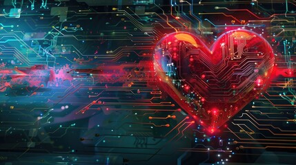 Digital art of hearts made from digital circuit patterns - obrazy, fototapety, plakaty