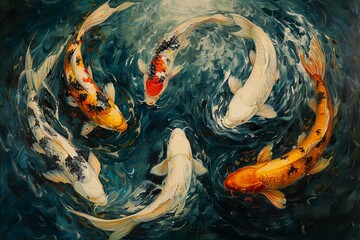Oil painting of Koi fish arranged in a yin yang pattern, blending traditional symbolism with the fluid beauty of underwater scenes - obrazy, fototapety, plakaty