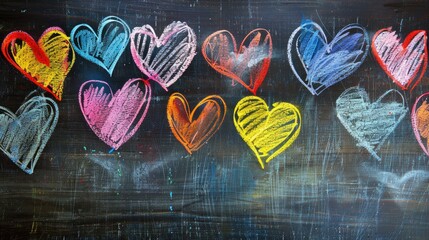 Hand drawn hearts on a chalkboard with colorful chalk - obrazy, fototapety, plakaty