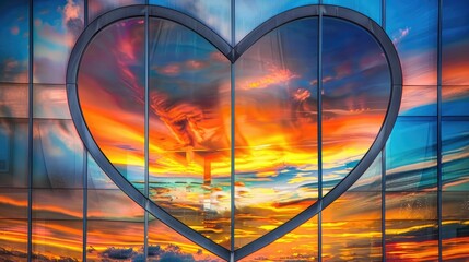 Heart shaped windows reflecting sunset skies - obrazy, fototapety, plakaty