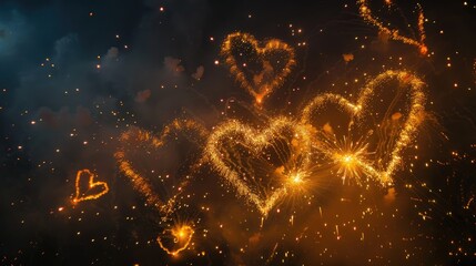 Hearts made of fireworks in a night sky - obrazy, fototapety, plakaty