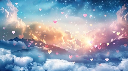 Hearts as clouds floating over mountainous landscape - obrazy, fototapety, plakaty
